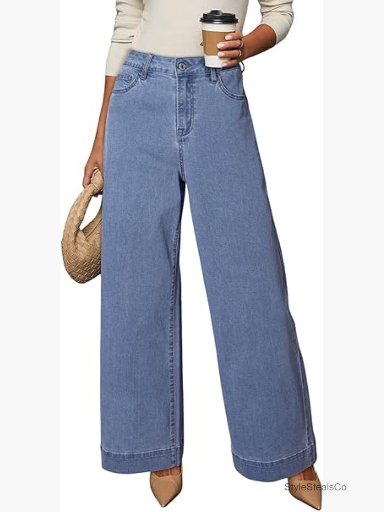 High Waisted Wide Leg Stretch Denim Jeans With Pockets Casual Wear